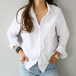 2019 Spring One Pocket Women White Shirt Female Blouse Tops Long Sleeve Casual Turn-down Collar Style Women Loose Blouses