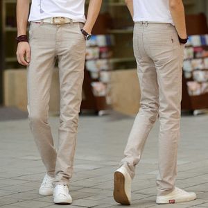 NOVEDAD DE VERANO 2019, pantalones de vestir de algodón y lino para hombre, pantalones informales de lino con parte inferior recta ajustada de Corea, pantalones de ocio para hombre X0615