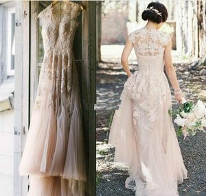 2019 Vintage Blush pink A-Line Tulle country Vestidos de novia Sheer V Neck Applique Longitud del piso por encargo Tallas grandes Vestidos de novia baratos