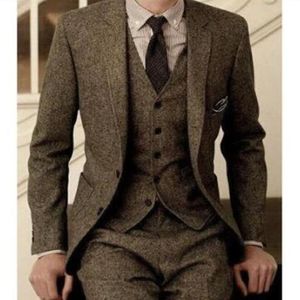 Vintage Hommes convient à Tuxedos Laine Tweed Brown Herringbone Brown Costume Custom Slim Fit Groom usure Tuxedos