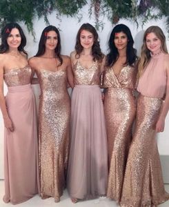 2020 Árabe Bling Lentejuelas Vestidos de dama de honor Estilo de mezcla de lentejuelas para bodas Vestido de invitados Rosa Rosa Rosa oscuro Gasa Vestidos de dama de honor