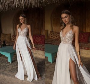 Robe De mariée style Boho, Sexy, fente latérale, robe De mariée De plage, col en v, bretelles Spaghetti, robes De mariage, 2020, 297S