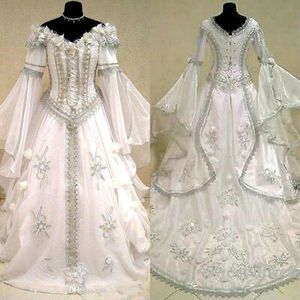 Robes de mariée médiévales sorcière celtique Tudor Renaissance Costume gothique victorien sur l'épaule robe de mariée à manches longues robes de mariée 460