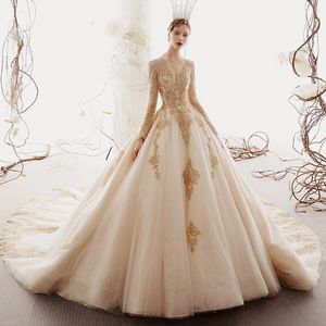 2020 Custom Made Princess Wedding Dresses Vestido De Casamento Gold Appliques Beading Long Sleeve Bridal Gowns Bruidsjurken