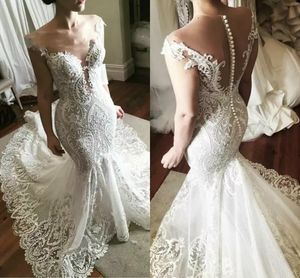 2022 Dreaming Bohemian Floral Lace Sirena Vestidos de novia Vestidos de novia 2019 Sheer Jewel Escote Hollow Back Apliques Vestidos de encaje