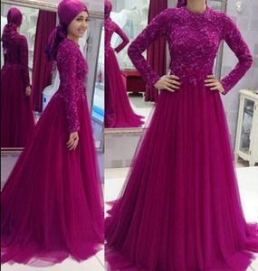 2020 fachisa arabe musulman violet robes de soirée bijou cou une ligne dentelle appliques tulle étage longueur robes de soirée de bal sur mesure