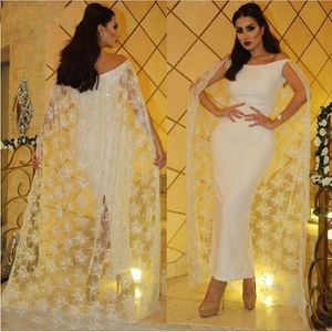 2021 Diseño de moda Longitud del tobillo Vestidos de fiesta Vestido de noche formal recto blanco con envoltura de encaje Estilo árabe Dubai Vestidos de fiesta de vaina para mujeres