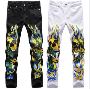 2020 high street 3D punk boy calavera graffiti flame impreso jeans stretch slim hombres pantalones de talla grande 42 zipper fly pants