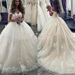 2020 Lace Applique Ball Gown Wedding Dresses Off the Shoulder Princess Bridal Gowns Custom Vestido De Noiva
