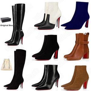 Sexy tacones altos puntiagudos botas de mujer cristianos zapatos de suela roja lápiz labial tacones altos exquisitos botas de tobillo de mujer cajas de botas cortas
