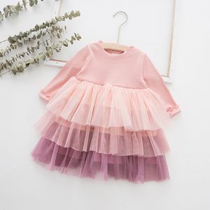 2020 nouveau bébé filles Tutu robe printemps/automne à manches longues dentelle filet princesse trois couches dégradé enfants gâteau Q0716