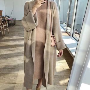 Nouveau design femmes décontracté camel lâche couleur à manches longues tricoté maxi long pull cardigan manteau casacos plus la taille S M L