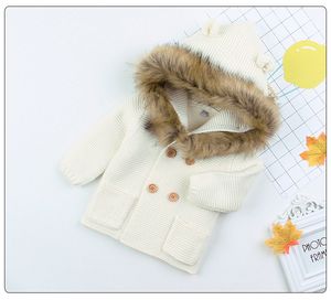 Nueva moda bebé suéter abrigo lindo cuello de piel Animal con capucha tejido Otoño Invierno ropa cálida para bebé