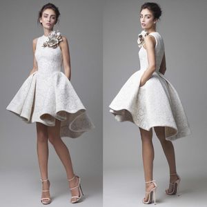 2020 Nuevo vestido de novia de encaje Krikor Jabotian Jewel Sin mangas Vestidos de novia altos y bajos Vestidos de novia cortos de una línea de playa con flores 1642