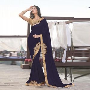 2024 Nuevo vestido de noche formal de sirena india azul marino Apliques dorados Vestidos de fiesta de Oriente Medio Gasa Vestidos largos de noche para mujer Ropa de noche