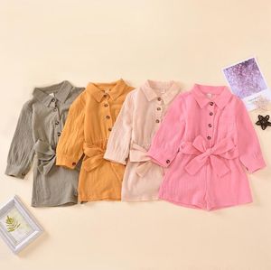 2020 New Kids Clothing Girls Manga Larga Bowknot Button Sumpsuits Algodón Lino Niños Ramperistas Boutique Boutique Ropa suave por 1604