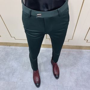 Pantalon Social Fashion Slim Button Suit Pant Men Green Street Clothing Business Dress Solid