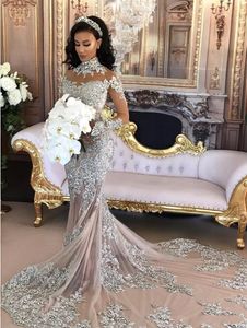 2020 Nouvelles robes de mariée sexy sirène illusion col haut dentelle appliques cristal perlé manches longues tribunal train plus la taille robes de mariée