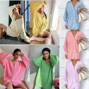 Nouveaux femmes col en v couleur bonbon boutonnage unique boutons tricotés moyen long pull cardigan manteau hauts