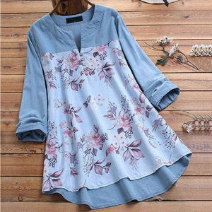 2020 nueva mujer Vintage cuello en V Top otoño Floral impreso Blusa camisa de manga larga túnica Casual Patchwork Blusa de talla grande M-5XL H1230