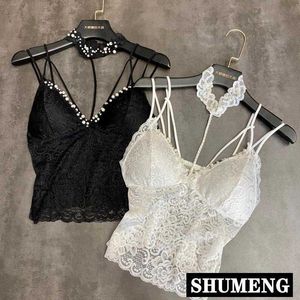 2020 Verano Nueva Perla Con Cuentas Halter Lace Camisole Slim Sexy Chaleco Femenino Negro/Blanco Bralette Nightclub Tube Tops X0726