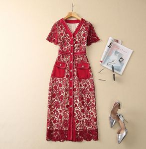 Vestido de encaje floral rojo de primavera Manga corta Cuello en V Bolsillos dobles Vestidos casuales de un solo pecho S3F131622 Tallas grandes XXL