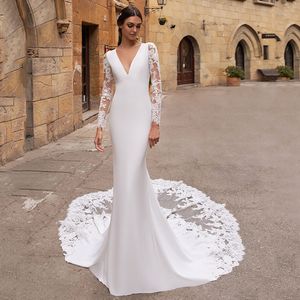 2023 Vestido de novia de manga larga sirena cuello en V Apliques de encaje vestidos de novia sin espalda vestidos de novia Turquía Vestido de novia