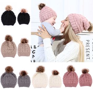 Hiver garder au chaud tricoté chapeau acrylique mohair parent enfant pompon boule de fourrure bonnets chapeaux extérieur tricot crâne casquette m191f