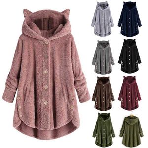 2020 Abrigo de mujer Invierno Plus Terciopelo Deportes Invierno Lindo Gatos Orejas Con capucha Irregular Hem Botones Chaqueta Fleece Abrigo Regalo de Navidad X0629