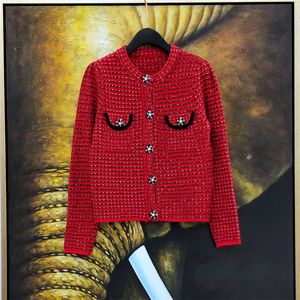 Otoño nuevo diseño mujer Año Nuevo color rojo rhinestone flor botones remendado suéter de punto cárdigan abrigo de talla grande SML