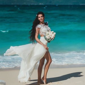 2021 Vestidos de novia de playa bohemios de dos piezas Sexy Side High Split Long Chiffon Boho Vestidos de novia Tops Apliques de encaje Lady Bride Dress