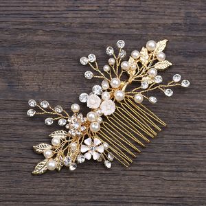 2021 Tocado nupcial Accesorios para el cabello Tocado de boda Peine Cristales de lujo Perlas Hoja de oro Mujeres Diademas Corona para fiesta AL8381