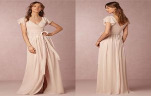 2021 Vestidos de dama de honor baratos ALine VCuello Manga corta Gasa dividida Desnudo Rosa Maid Honor Vestidos para ocasiones especiales para boda4866874