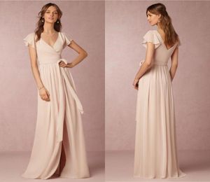 2021 Vestidos de dama de honor baratos ALine VCuello Manga corta Gasa dividida Desnudo Rosa Maid Honor Vestidos para ocasiones especiales para boda1798287