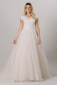 2021 Champagne Vestidos de novia modestos Mangas casquillo Cuello en V Botones Con cuentas de encaje LDS Vestidos de novia País Vestido de novia religioso