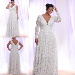 2021 Vestidos de novia de encaje completo de talla grande baratos con mangas largas extraíbles Vestidos de novia con cuello en V Longitud del piso Una línea Vestido de novia