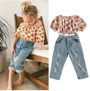 2021, conjuntos de ropa para niños y niñas, Tops florales de manga corta con hombros descubiertos para bebés de verano + pantalones vaqueros rasgados para niños
