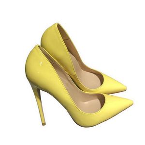 2021 Classis Amarillo Zapatos Mujeres Patente Punta puntiaguda Bombas de Toe Damas Vestido de fiesta Tacones altos Zapatos Lindos 12/10 / 8cm Personalizar