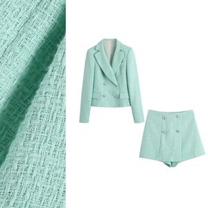 Design mode femme vert menthe couleur tweed laine double boutonnage manteau et short 2 pièces pantalon twinset grande taille XSSML