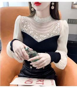 Design de mode femmes dentelle col montant en mousseline de soie lanterne à manches longues patché tricoté perles luxe chemise chemisier hauts