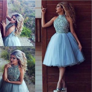 2021 Junior 8th Grade Homecoming Vestidos Lindo Azul Corto Prom A-Line Mini Tulle Lace Beads Halter Vestidos de fiesta de graduación