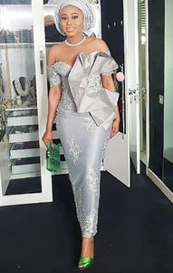 2021 Mermaid ASO EBI manga corta vestidos de fiesta apliques de encaje fuera del hombro Vestidos de noche de plata Dubai Vestido de fiesta