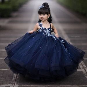 2021 azul marino encaje flor niña vestidos con cuentas espagueti vestido de bola tul Lilttle niños cumpleaños desfile vestidos de boda