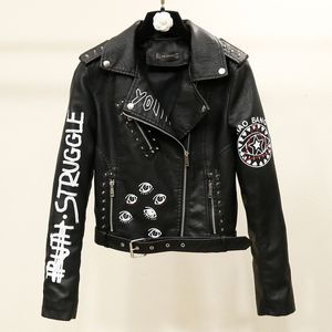 2021 New Autumn Women Female Rivets Letters Print Motorcycle Leather Short Street Style Coat Faux Jacket Punk Outwear