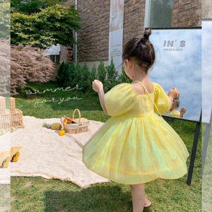 2021 nouveau bébé filles robes à manches courtes été enfants jaune une pièce Robe enfants filles princesse tenue décontractée pour 10 ans G1129