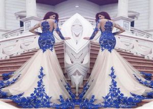 2021 Nuevos vestidos de fiesta de Mermaid Dubai Applices de encaje azul real Sheer Sexy Ver a través de la espalda Vestios de Fistea Evening G7601035