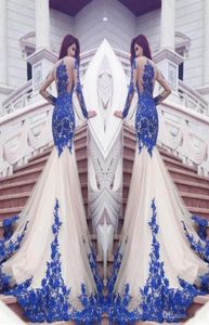 2021 NUEVOS DUBAI Mermaid Prom Dresses Royal Blue Lace Appliques Sheer Sexy Ver a través de la espalda Vestios de Fistea Evening G6169416