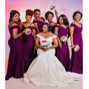 2021 nuevos vestidos de dama de honor de satén púrpura elegante para vestidos de fiesta de boda largos africanos de talla grande fuera del hombro sirena vestidos de dama de honor