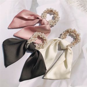 2021 nuevo estilo francés bufanda de seda cinta perla de imitación banda de goma cuerda para el cabello dulce chica mujer moda cola de caballo accesorios para el cabello 1637 B3