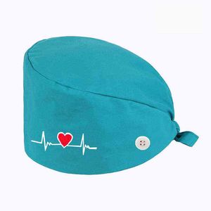 2021 Nuevo corazón bordado enfermera sombrero para mujeres hombres gorros quirurgic salón farmacia capó gorras laboratorio mascota médico quirúrgico tapa Y21111